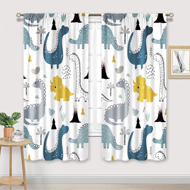 Cinbloo Kids Dinosaur Curtains 42Wx63L Inch Rod Pocket Cartoon Dino Baby Boys Bedroom Decor Nursery Children Cute Navy Blue Safari Animal Art Printed Living Room Playroom Window Drapes Fabric 2 Panel - Image 2
